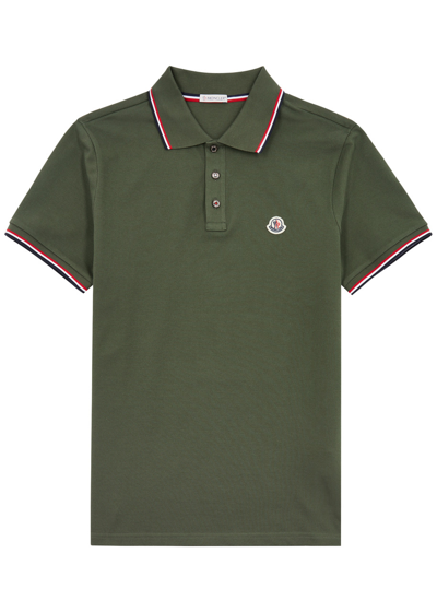 Shop Moncler Logo Piqué Cotton Polo Shirt In Khaki