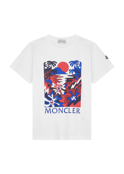 Shop Moncler Kids Printed Cotton T-shirt (12-14 Years) In White Other