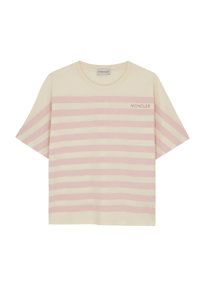 Shop Moncler Kids Striped Cotton T-shirt (12-14 Years) In Pink & Other