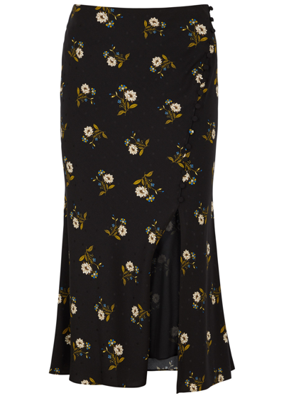 Shop Veronica Beard Franconia Floral-print Silk-blend Satin Midi Skirt In Black