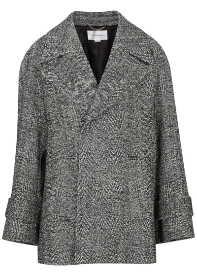 Shop Victoria Beckham Herringbone Wool-blend Pea Coat In Black