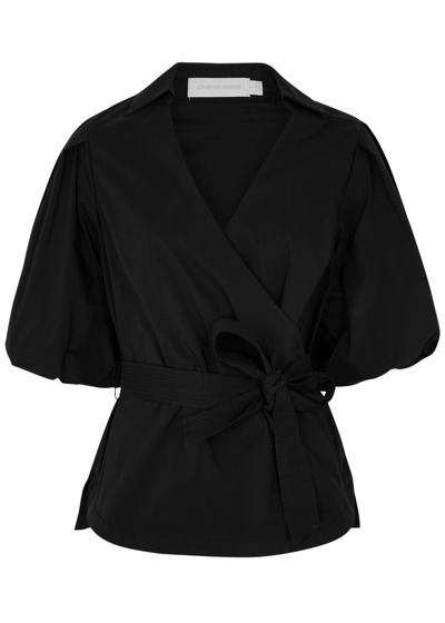 Shop Simkhai Jonathan  Waverly Cotton-blend Wrap Top In Black