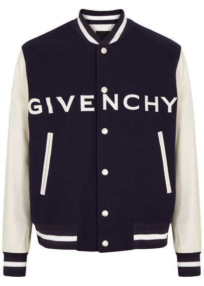 Shop Givenchy Logo Wool-blend Varsity Jacket In Navy