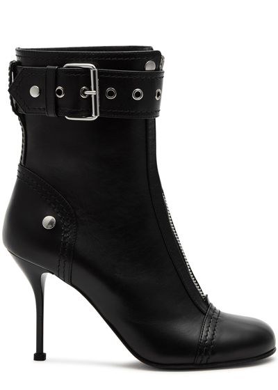 Shop Alexander Mcqueen 100 Buckled Leather Ankle Boots In Black