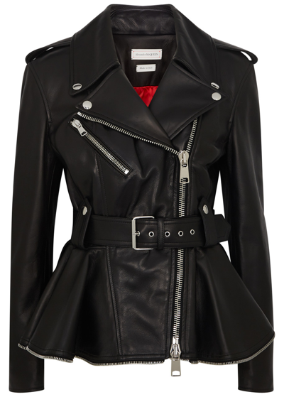 Shop Alexander Mcqueen Belted Leather Jacket In Black