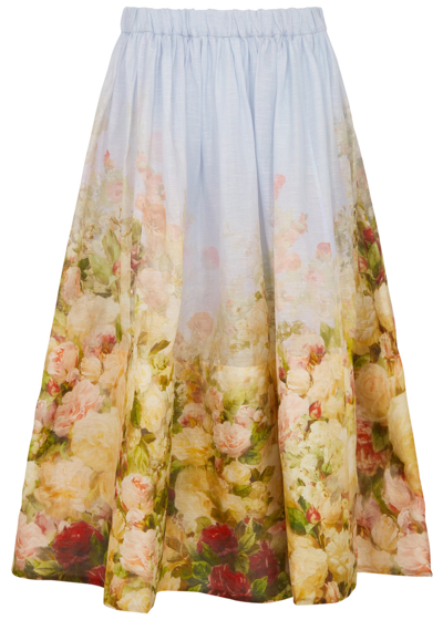 Shop Zimmermann Luminosity Floral-print Linen-blend Midi Skirt In Multicoloured