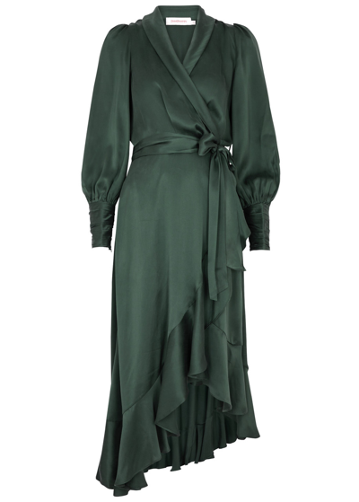 Shop Zimmermann Ruffled Silk-satin Midi Wrap Dress In Dark Green