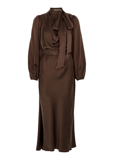 Shop Zimmermann Draped Silk-satin Midi Dress In Chocolate