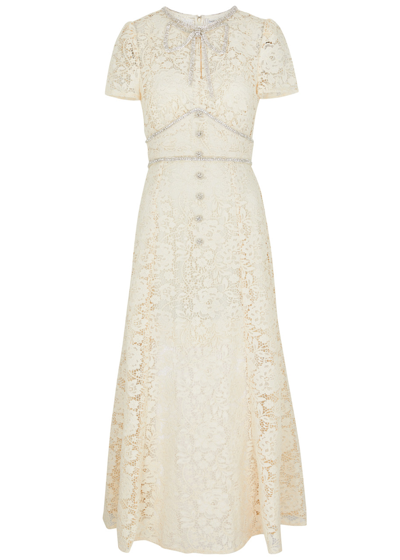 Shop Self-portrait Crystal-embellished Lace Midi Dress In Cream
