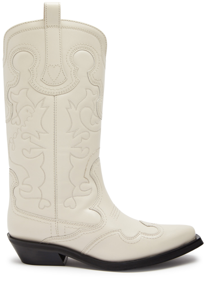 Shop Ganni Embroidered Leather Cowboy Boots In Off White