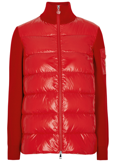 Shop Moncler Quilted Shell And Wool Cardigan In Red