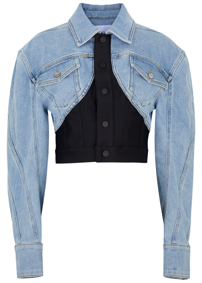 Shop Mugler Panelled Cropped Stretch-denim Jacket In Blue