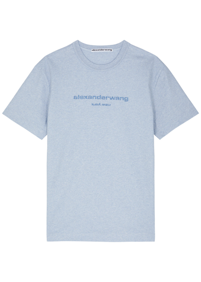 Shop Alexander Wang Glittered Logo-print Cotton T-shirt In Light Blue