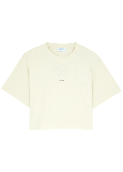 Shop Off-white Logo-embellished Cropped Cotton T-shirt In Beige