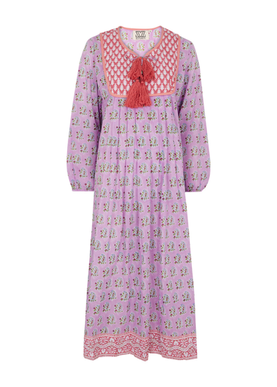 Shop Sz Blockprints Kitty Printed Cotton Midi Dress In Lilac