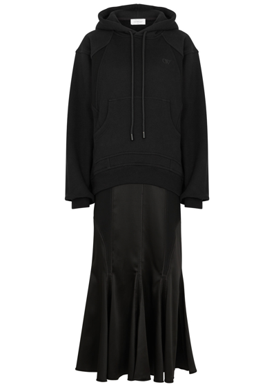 Shop Off-white Hooded Cotton And Satin Sweatshirt Dress In Black
