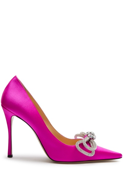 Shop Mach & Mach Double Bow 110 Crystal-embellished Satin Pumps In Fuchsia