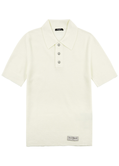 Shop Balmain Wool Polo Shirt In Cream