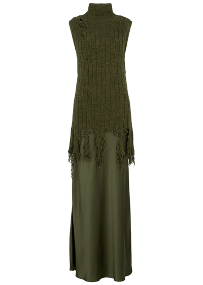 Shop Christopher Esber Relica Layered Silk-satin Maxi Dress In Dark Green