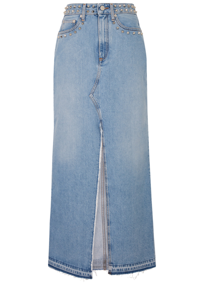 Shop Alessandra Rich Stud-embellished Denim Maxi Skirt In Light Blue