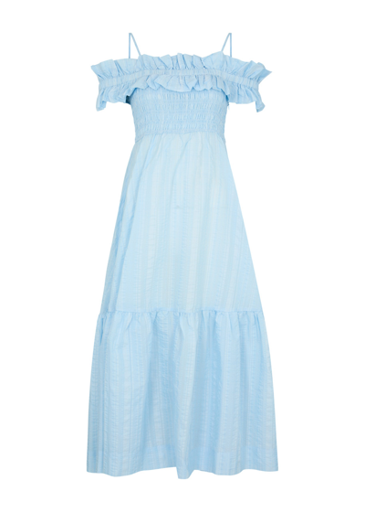 Shop Ganni Seersucker Smocked Maxi Dress In Light Blue