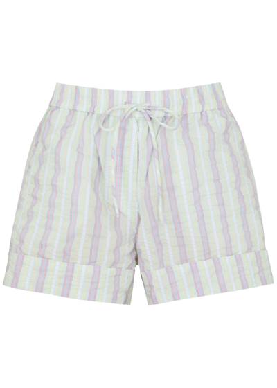 Shop Ganni Striped Seersucker Shorts In White