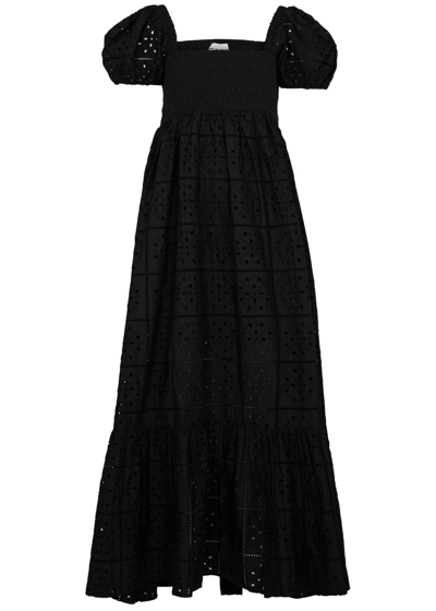 Shop Ganni Broderie Anglaise Cotton Maxi Dress In Black