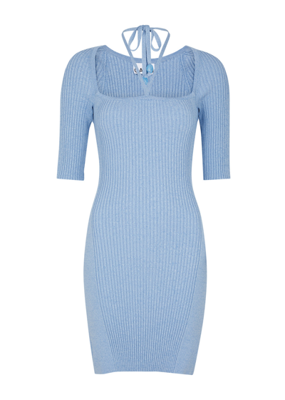 Shop Ganni Ribbed-knit Mini Dress In Light Blue