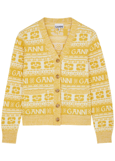 Shop Ganni Logo-intarsia Wool-blend Cardigan In Yellow