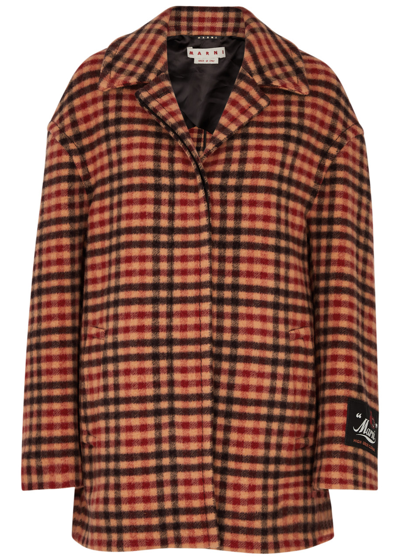 Shop Marni Checked Wool-blend Coat In Orange Other