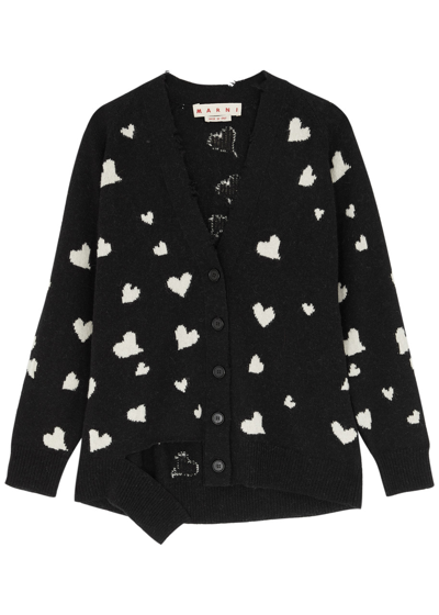 Shop Marni Heart-jacquard Wool-blend Cardigan In Black