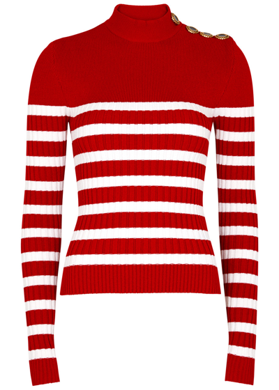 Shop Balmain Striped Ribbed-knit Jumper In Red