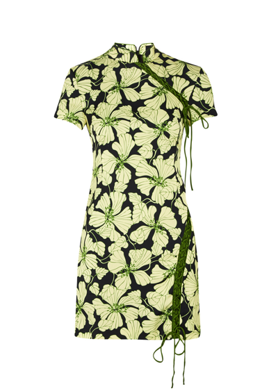 Shop De La Vali Trapeze Floral-print Satin Mini Dress In Green