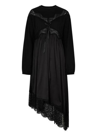 Shop Simone Rocha Lace-trimmed Satin And Cotton Midi Dress In Black