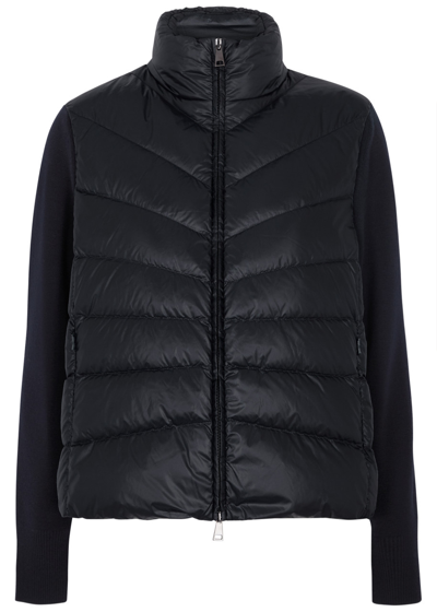 Shop Moncler Quilted Shell And Wool Cardigan, Cardigan, Quilted Cardigan In Navy