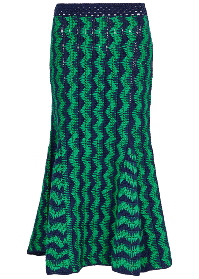 Shop Wales Bonner Ocean Chevron-intarsia Cotton Midi Skirt In Green