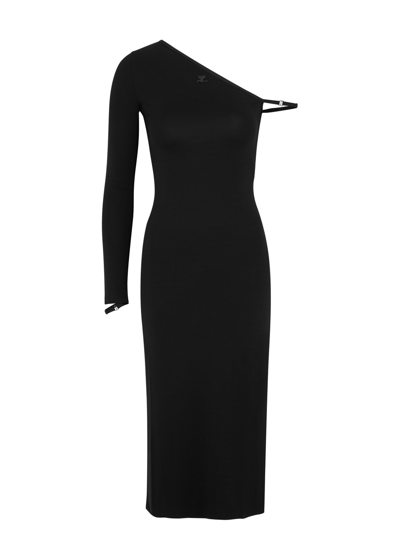 Shop Courrèges Logo-embroidered One-shoulder Midi Dress In Black