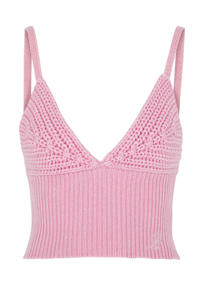 Shop Blumarine Logo-embroidered Ribbed Wool Top In Pink