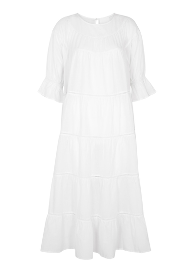 Shop Merlette Paradis Tiered Cotton Midi Dress In White