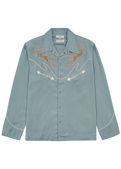 Shop Nudie Jeans Embroidered Lyocell Shirt In Light Blue