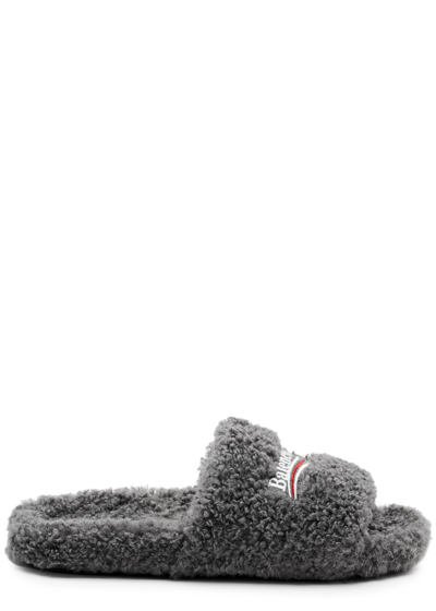 Shop Balenciaga Logo-embroidered Faux Shearling Sliders In Grey