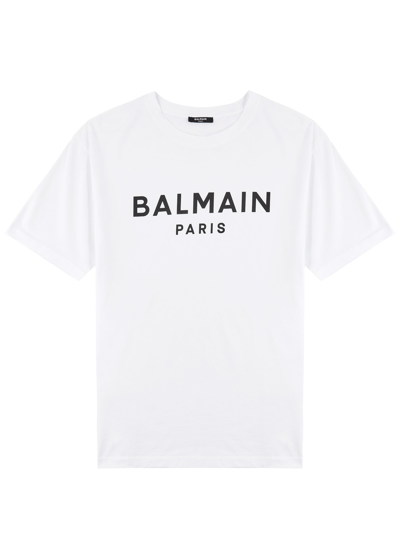Shop Balmain Logo-print Cotton T-shirt In White And Black