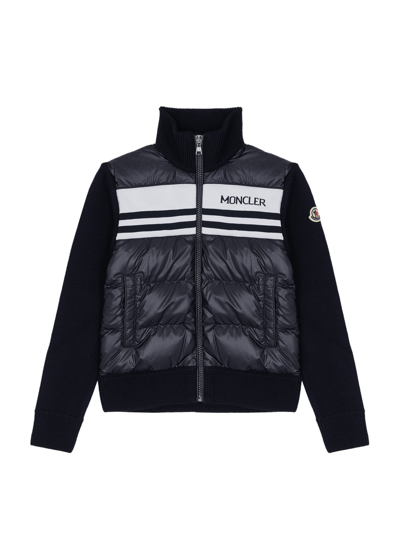Shop Moncler Kids Logo-intarsia Shell And Wool Cardigan (8-10 Years) In Black