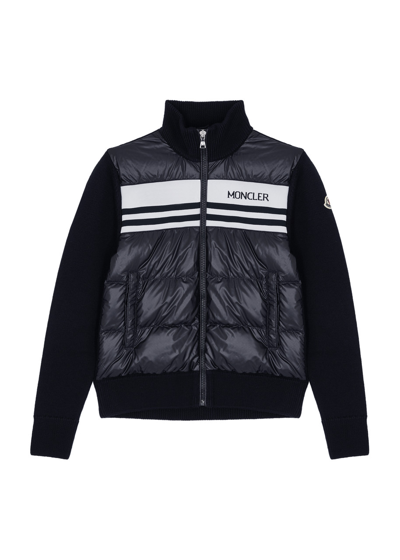 Shop Moncler Kids Logo Shell And Wool Cardigan (12-14 Years) In Black