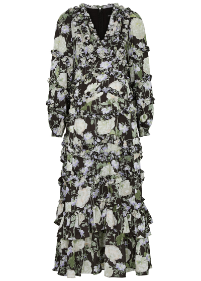 Shop Needle & Thread Moonlight Petals Floral-print Matte Satin Midi Dress In Black