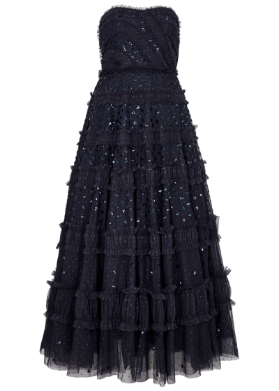 Shop Needle & Thread Dot Shimmer Strapless Embellished Tulle Gown In Navy
