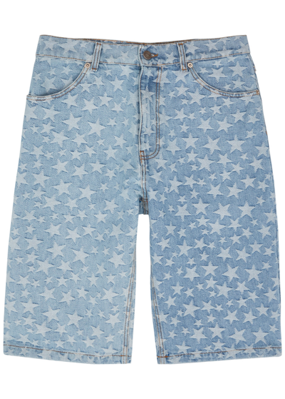 Shop Erl Star-jacquard Denim Shorts In Light Blue