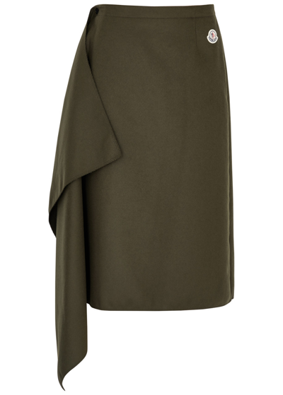 Shop Moncler Draped Wool-blend Midi Wrap Skirt In Dark Green