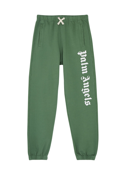 Shop Palm Angels Kids Logo-print Cotton Sweatpants In Green