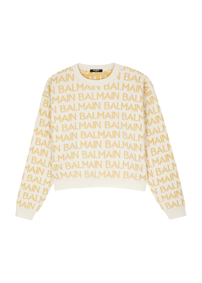 Shop Balmain Kids Logo-intarsia Wool-blend Jumper (12-14 Years) In Ivory